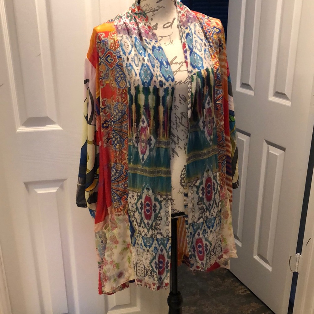🌺Johnny Was Boho Multicolor Washable Patchwork Silk Kimono Jacket with pockets